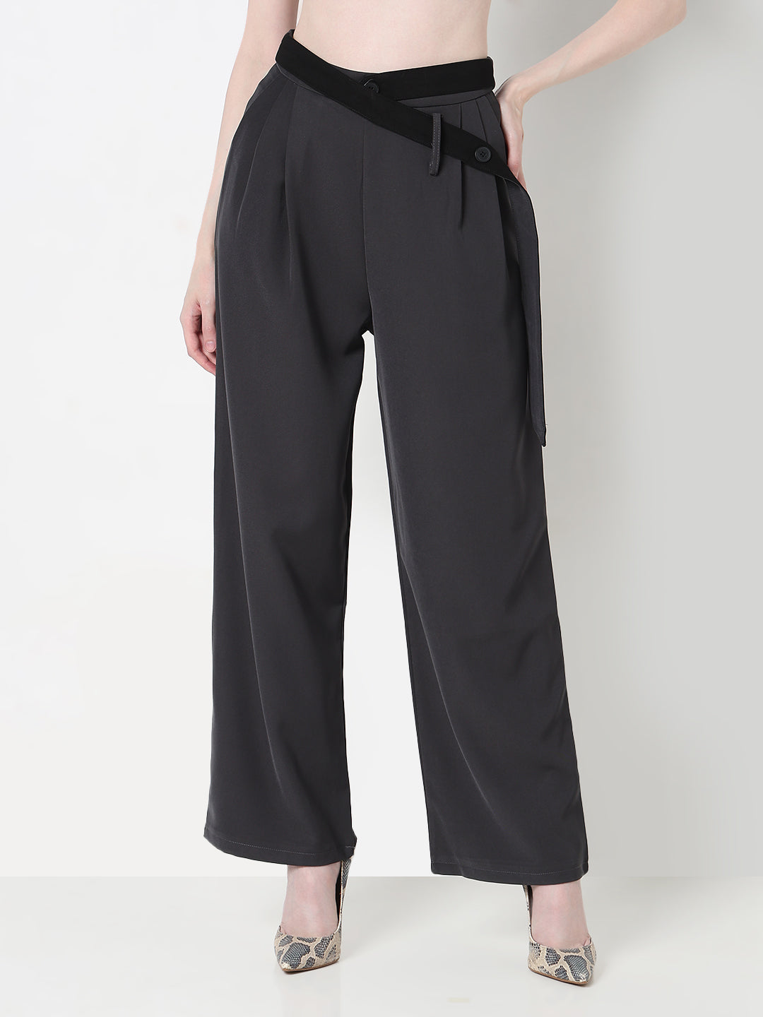 Women's Grey Pleated Trousers with Attached Belt