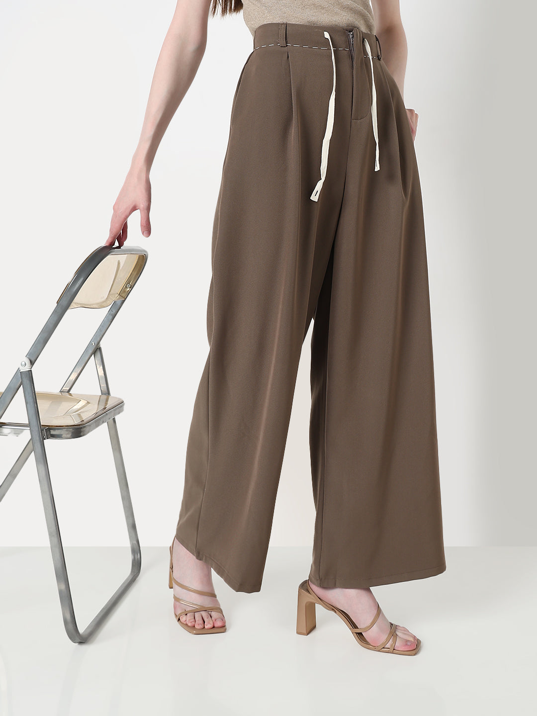 Women's Brown Wide Leg Korean Trousers with Contrast Drawcord and Stitch Details