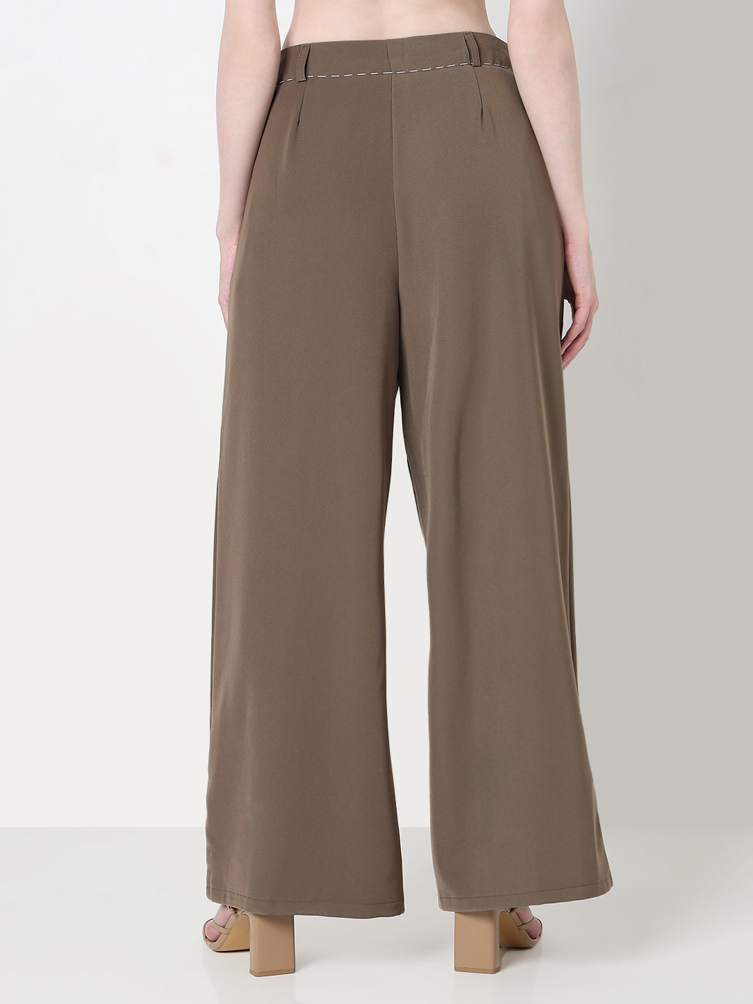 Women's Brown Wide Leg Korean Trousers with Contrast Drawcord and Stitch Details