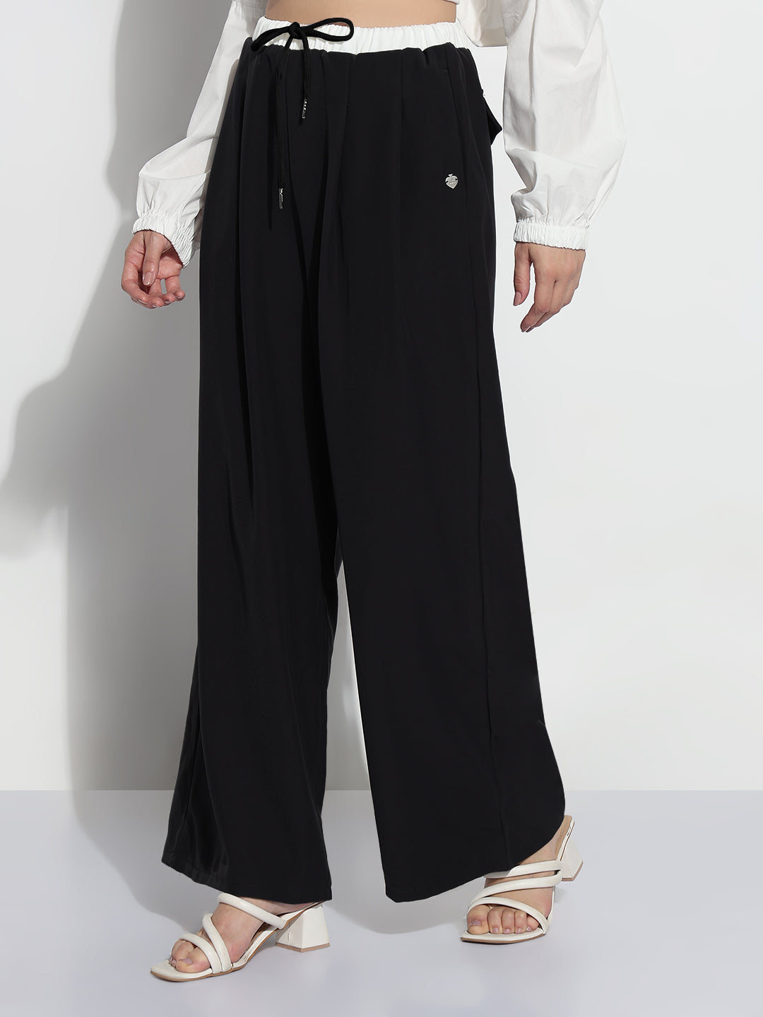 Women's Black Pleated Relaxed Fit Trousers with Contrast Drawstring Waistband