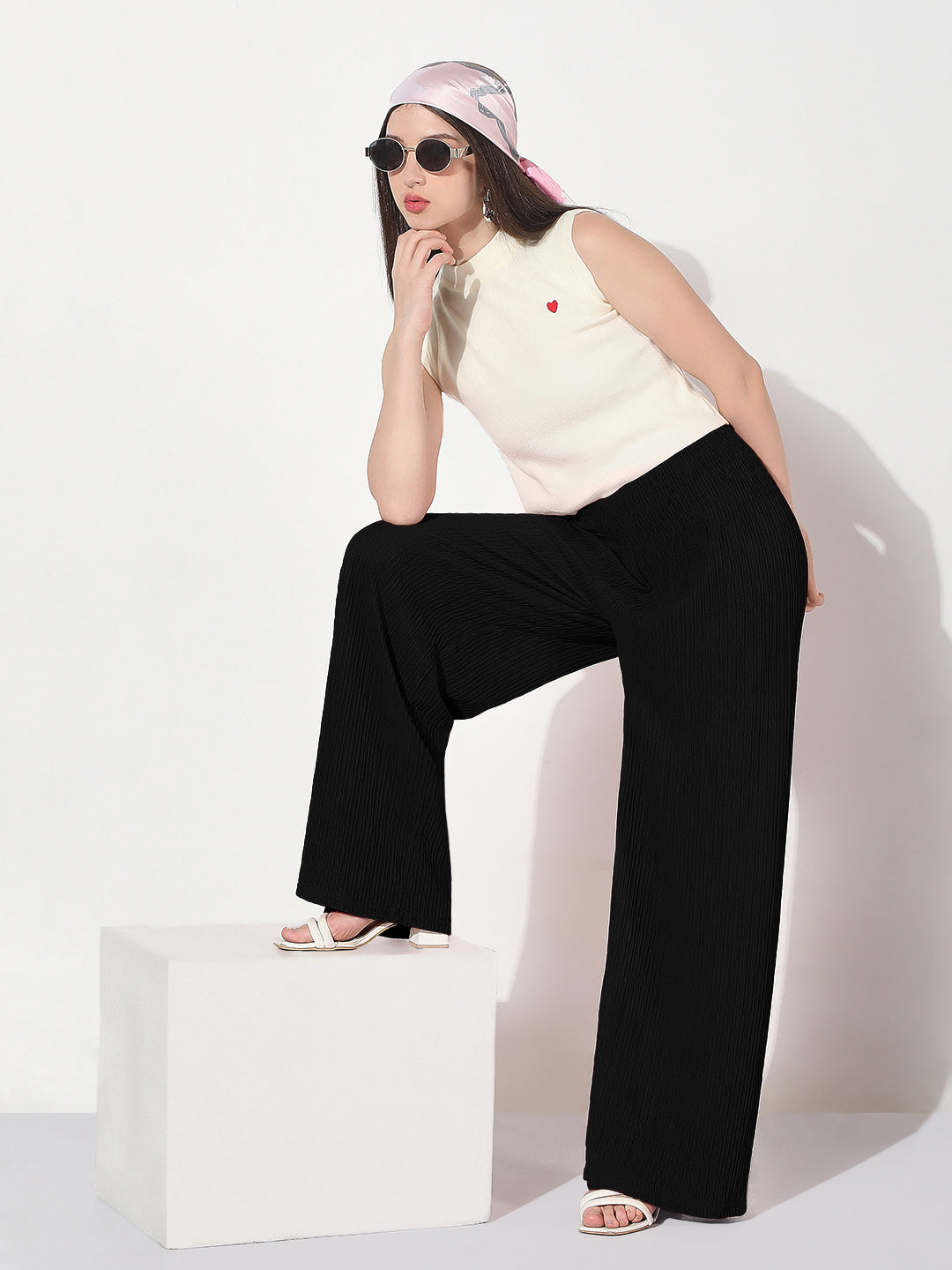 Women's Smocked Black Wide Leg Trouser