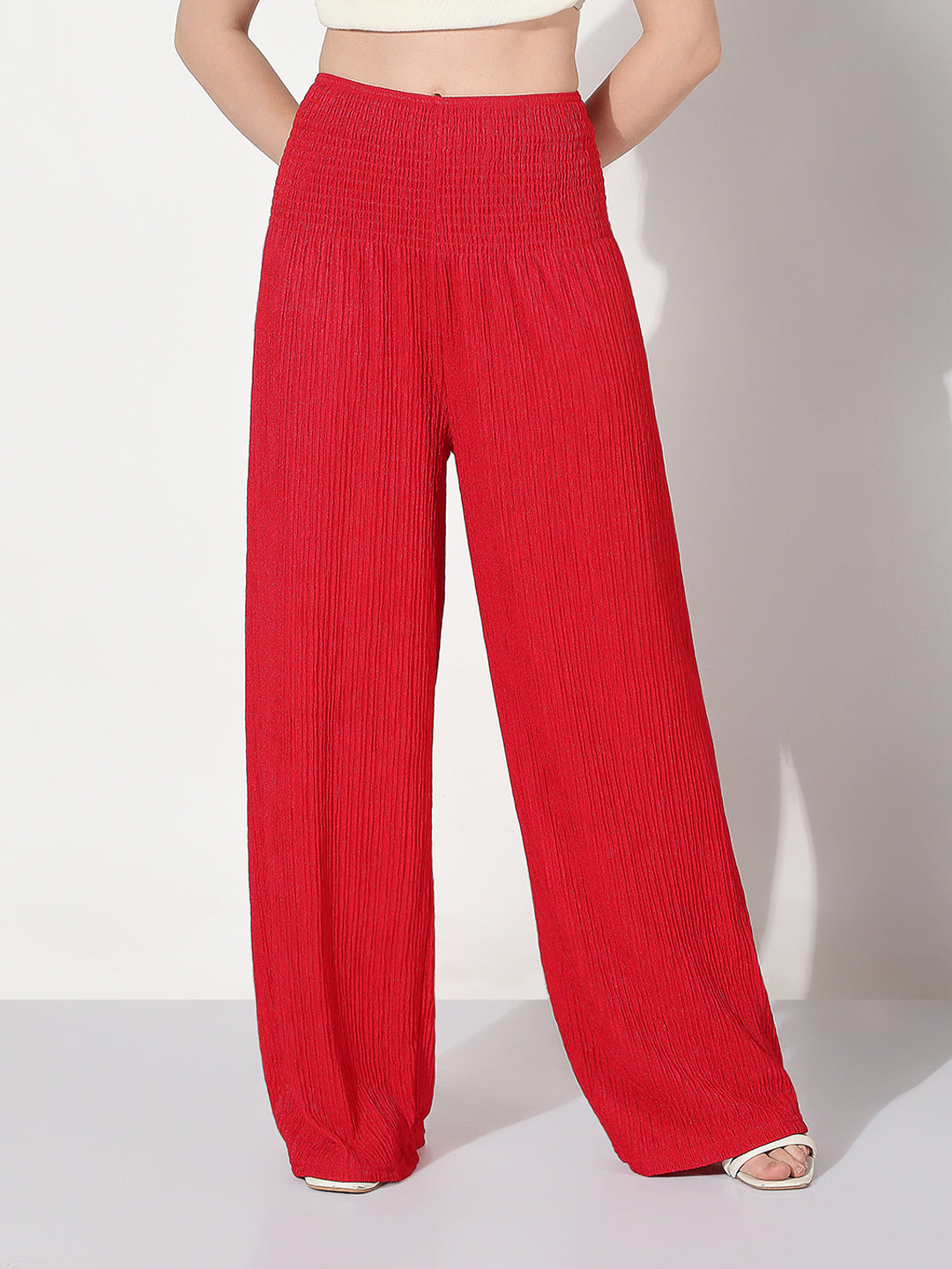 Women's Smocked Red Wide Leg Trouser
