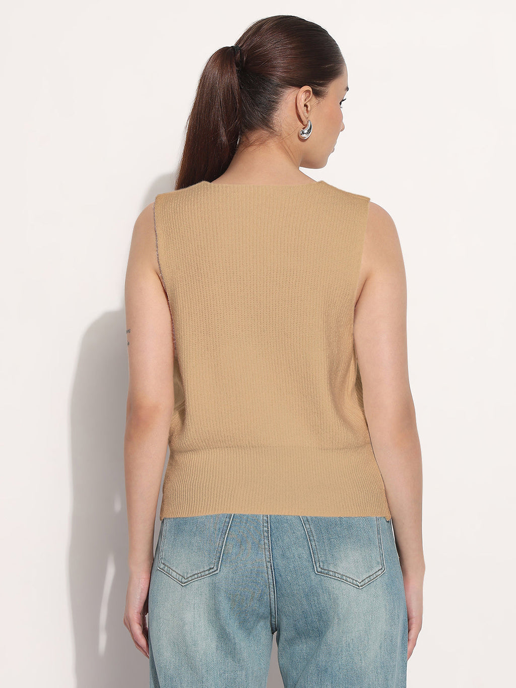 Women's Ribbed Beige V-Neck Sleeveless Knitted Vest Top
