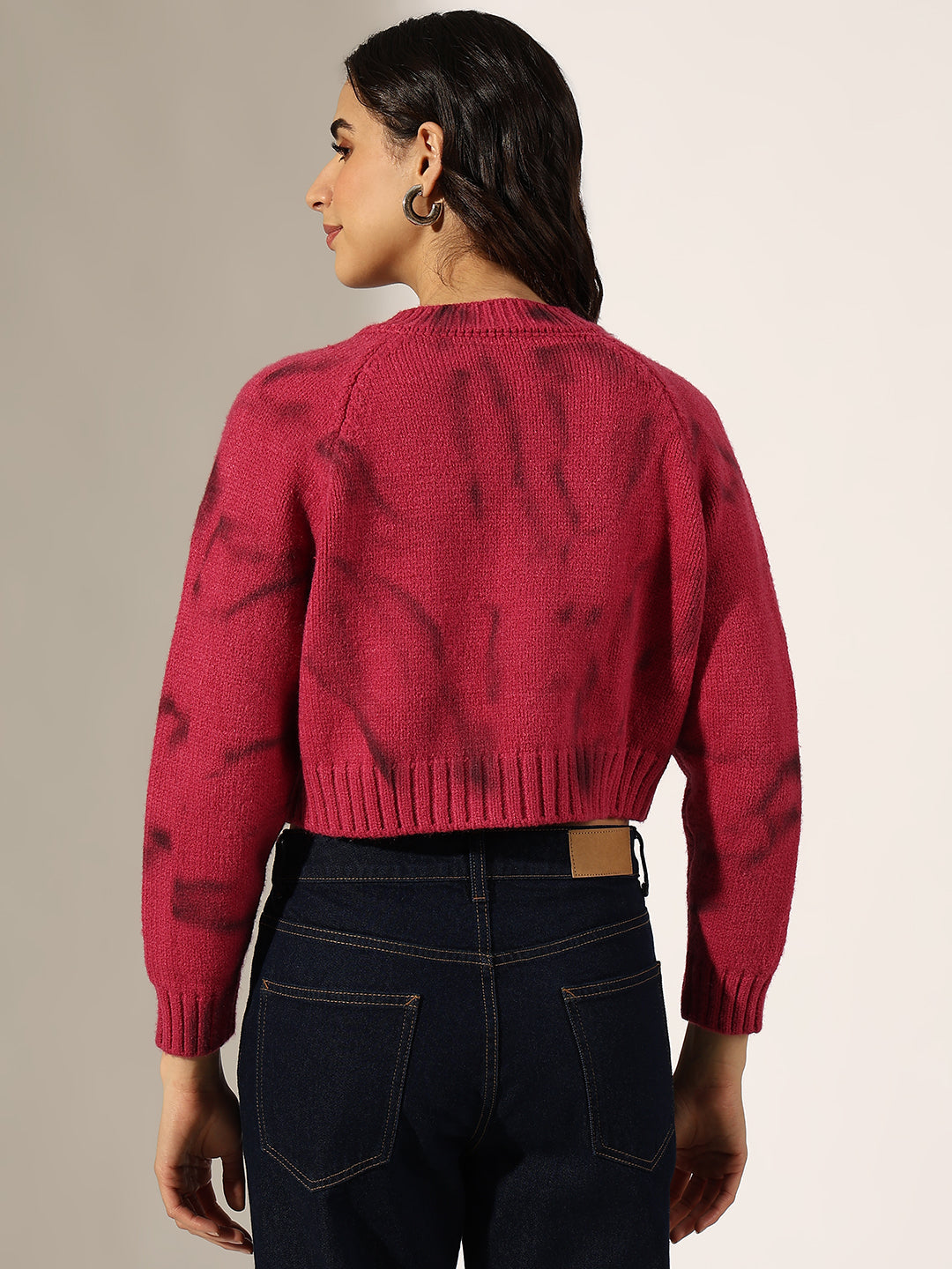 Women's Knitted Pink Zip-Up Crop Top