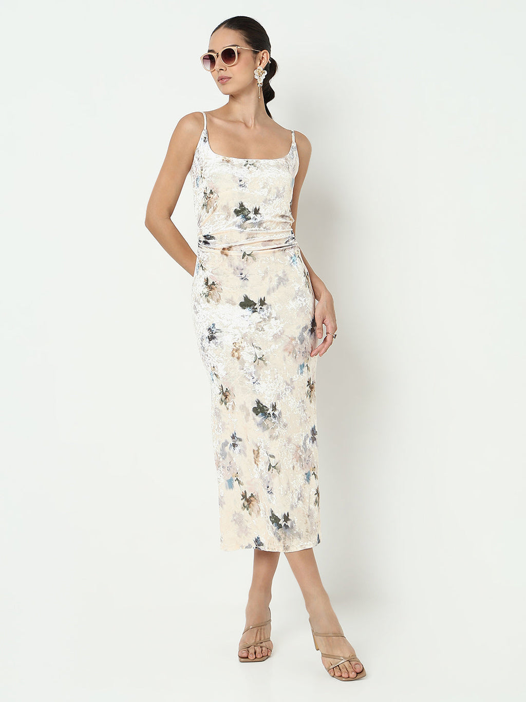 Women's Floral Cream Velvet Bodycon Dress with Back Slit