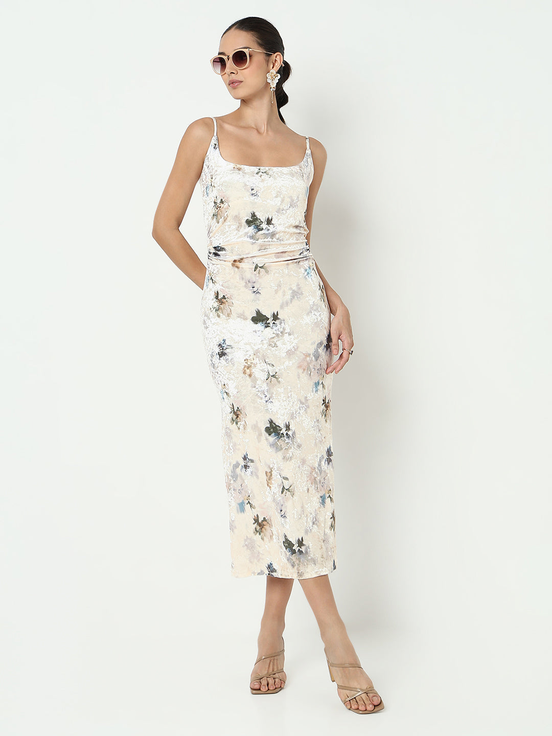 Women's Floral Cream Velvet Bodycon Dress with Back Slit