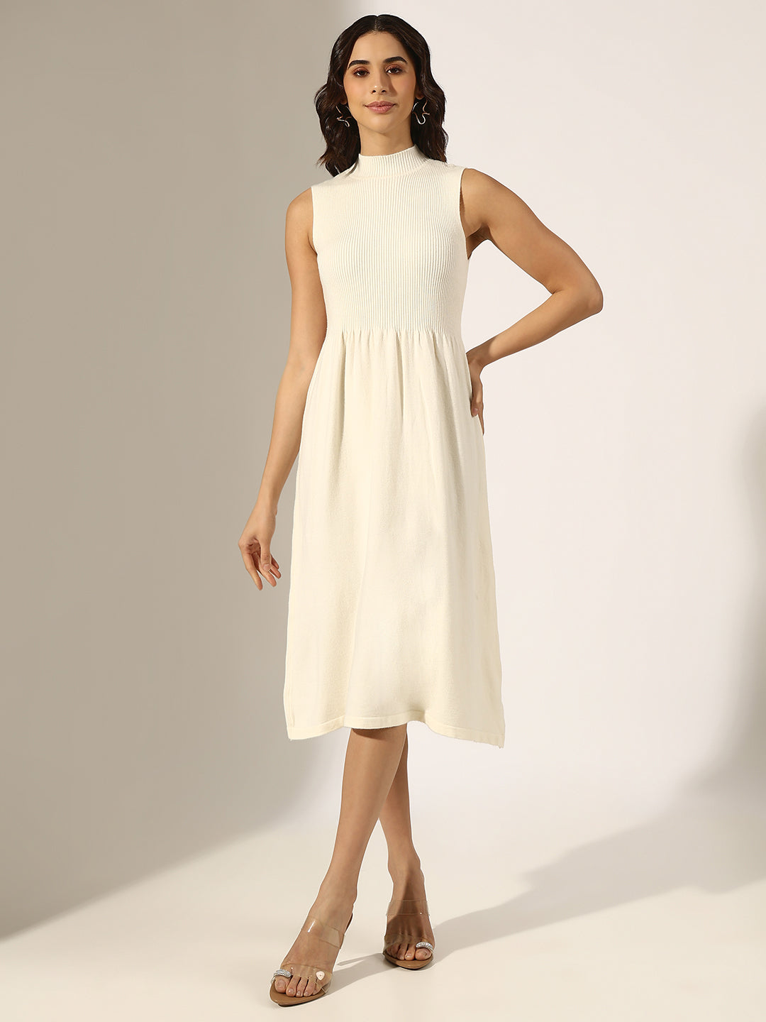 Women's Ribbed  Off White Fit and Flare Midi Sleeveless Dress