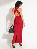 Women's Embellished Red Bodycon Maxi Dress with Criss-Cross Open Back & Tie Detail