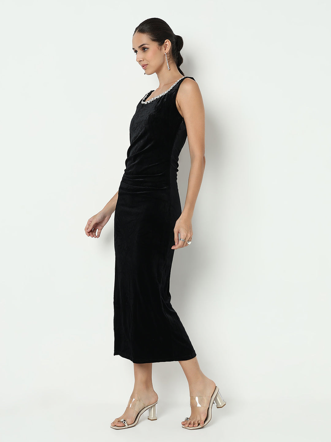 Women's Black Velvet Bodycon Maxi Dress with Embellished Neckline