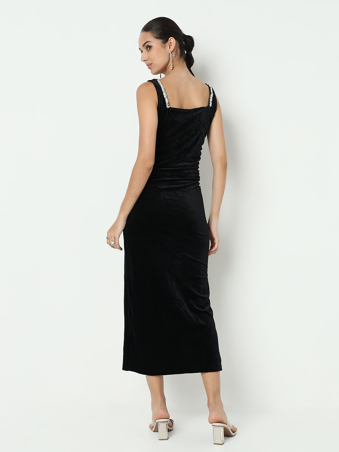 Women's Black Velvet Bodycon Maxi Dress with Embellished Neckline