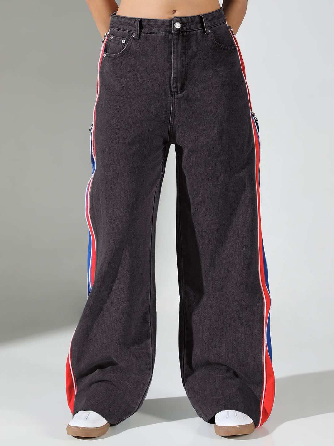 Women's Black Solid Baggy Jeans with side Zipper