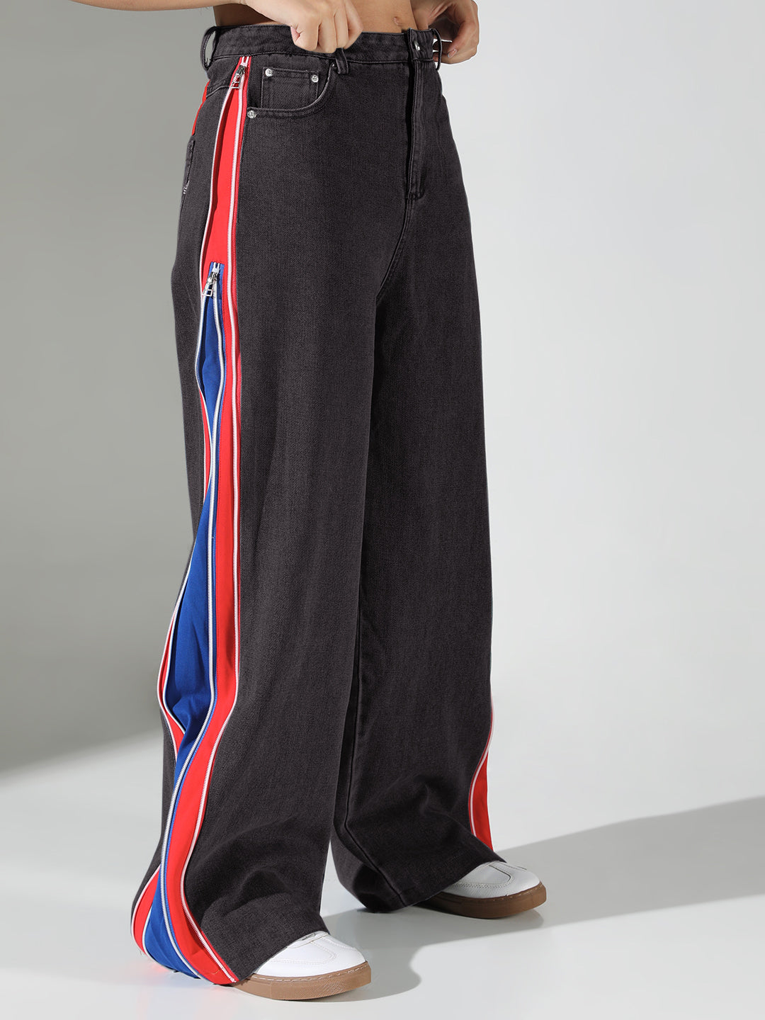 Women's Black Solid Baggy Jeans with side Zipper