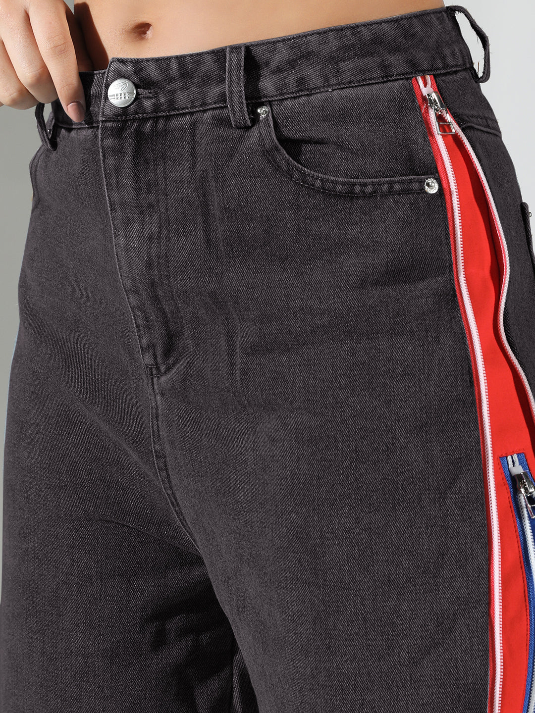 Women's Black Solid Baggy Jeans with side Zipper
