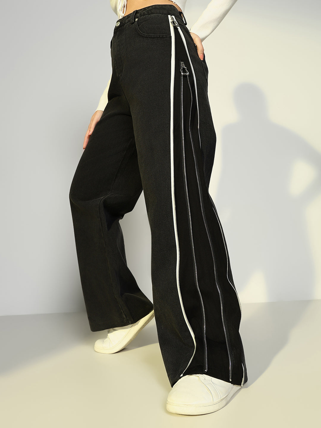 Women's Black Wide Leg Jeans with Zip Detail