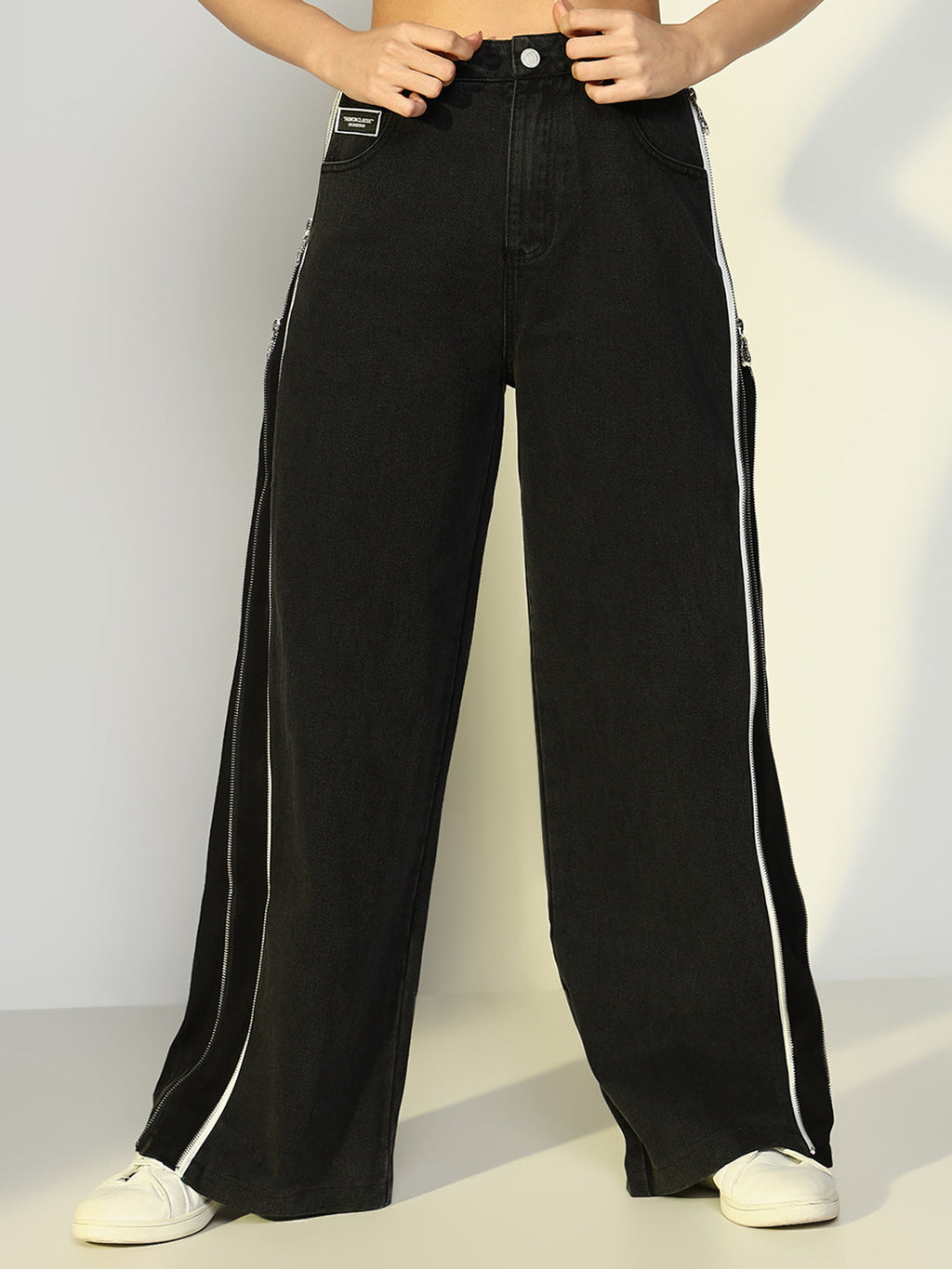 Women's Black Wide Leg Jeans with Zip Detail