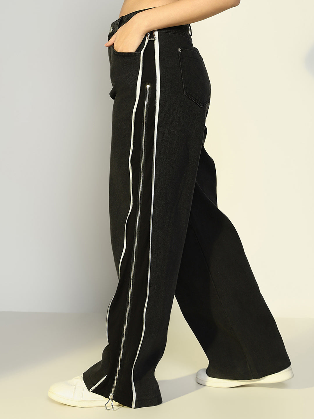 Women's Black Wide Leg Jeans with Zip Detail
