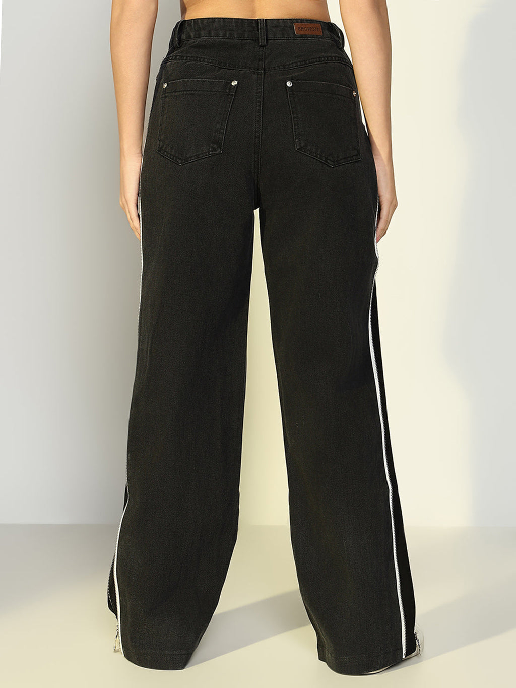 Women's Black Wide Leg Jeans with Zip Detail