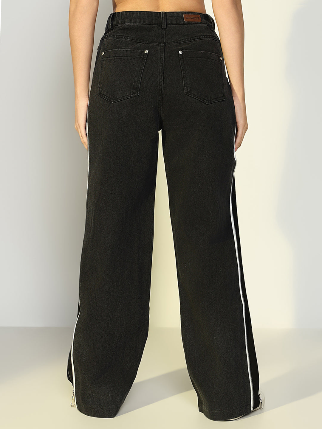 Women's Black Wide Leg Jeans with Zip Detail