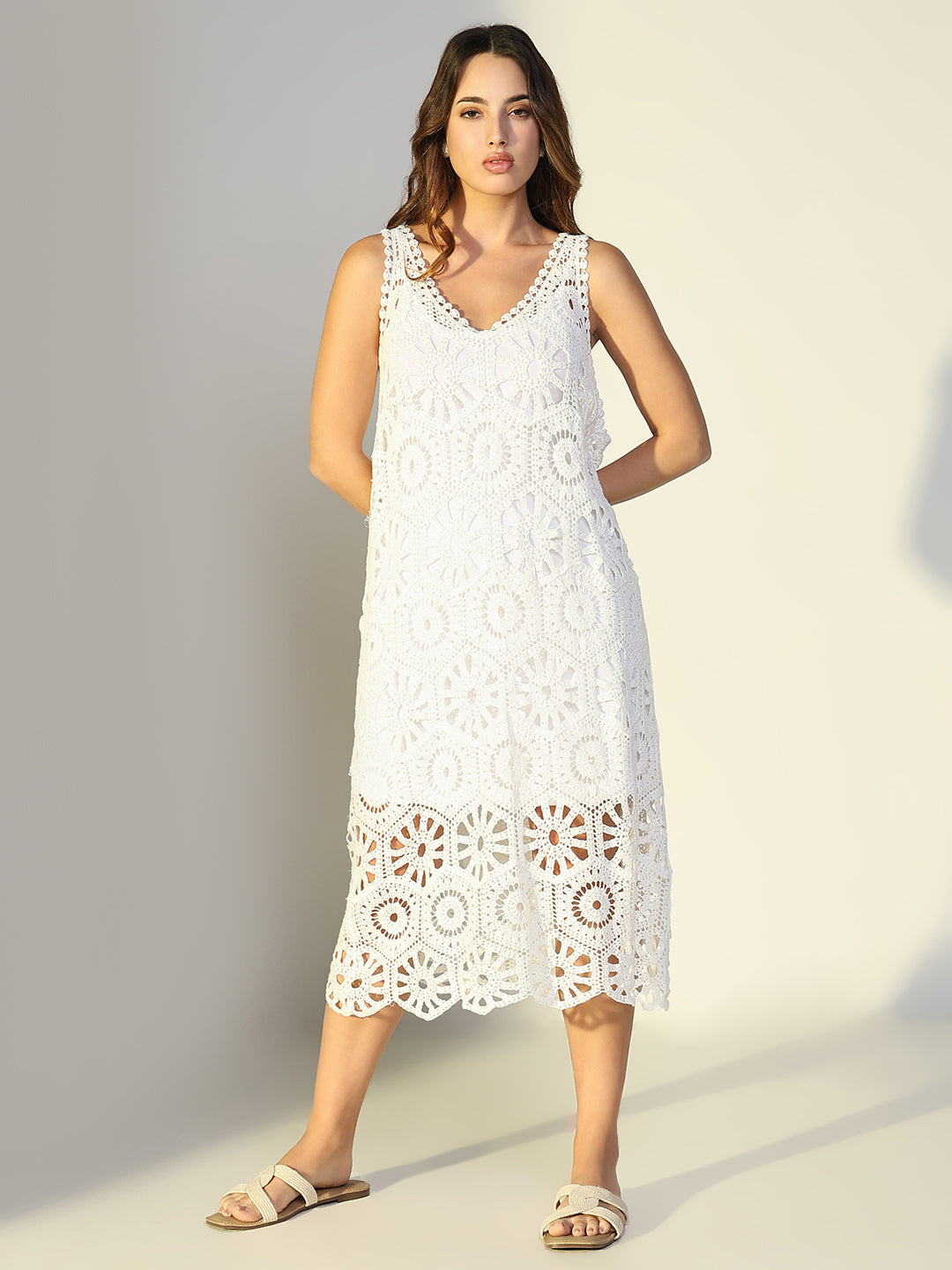 Women's Crochet White Cut Out V-Neck Midi Dress