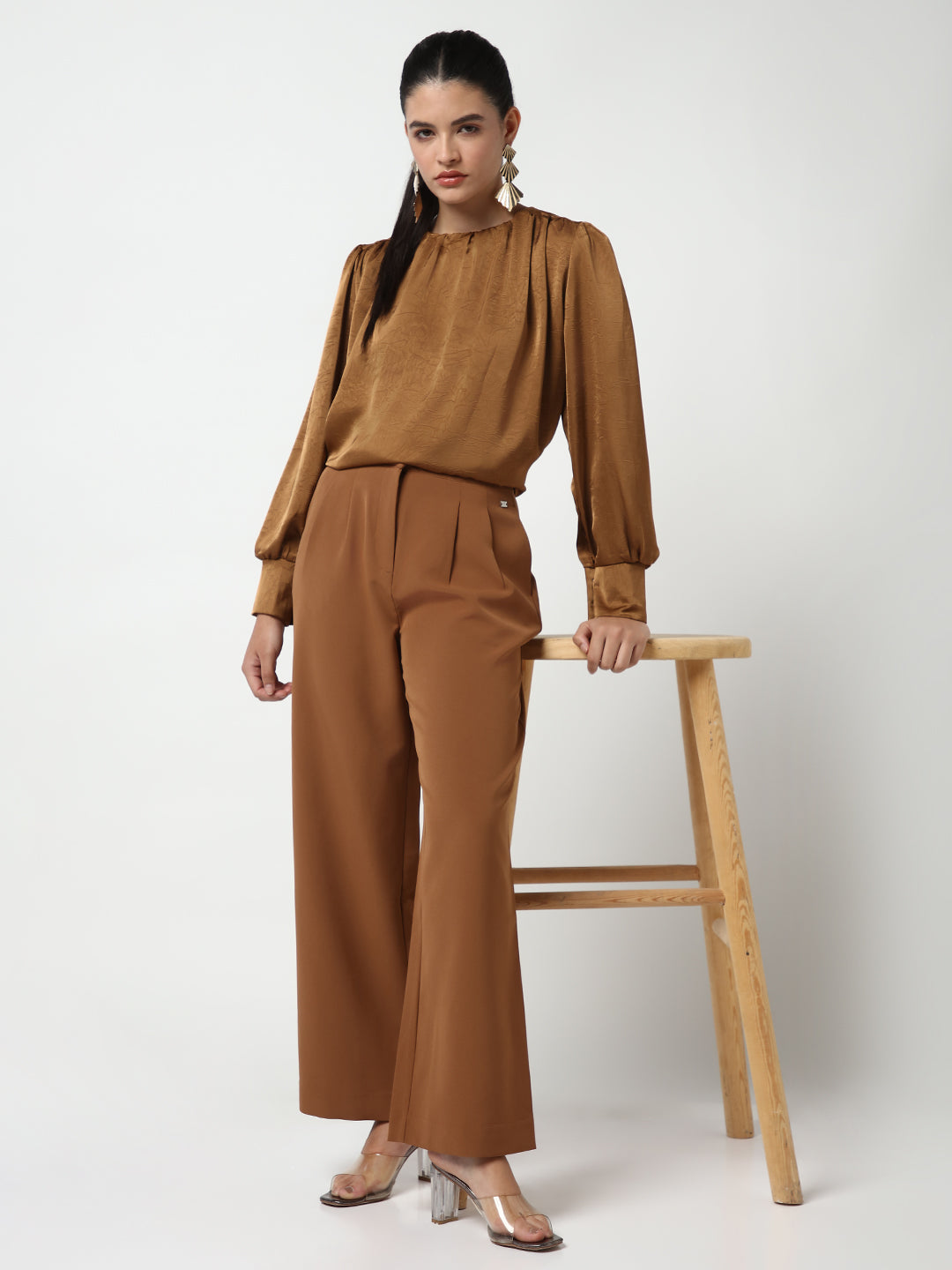 Women's Brown Round Neck Self Design Long Cuffed Sleeves Top