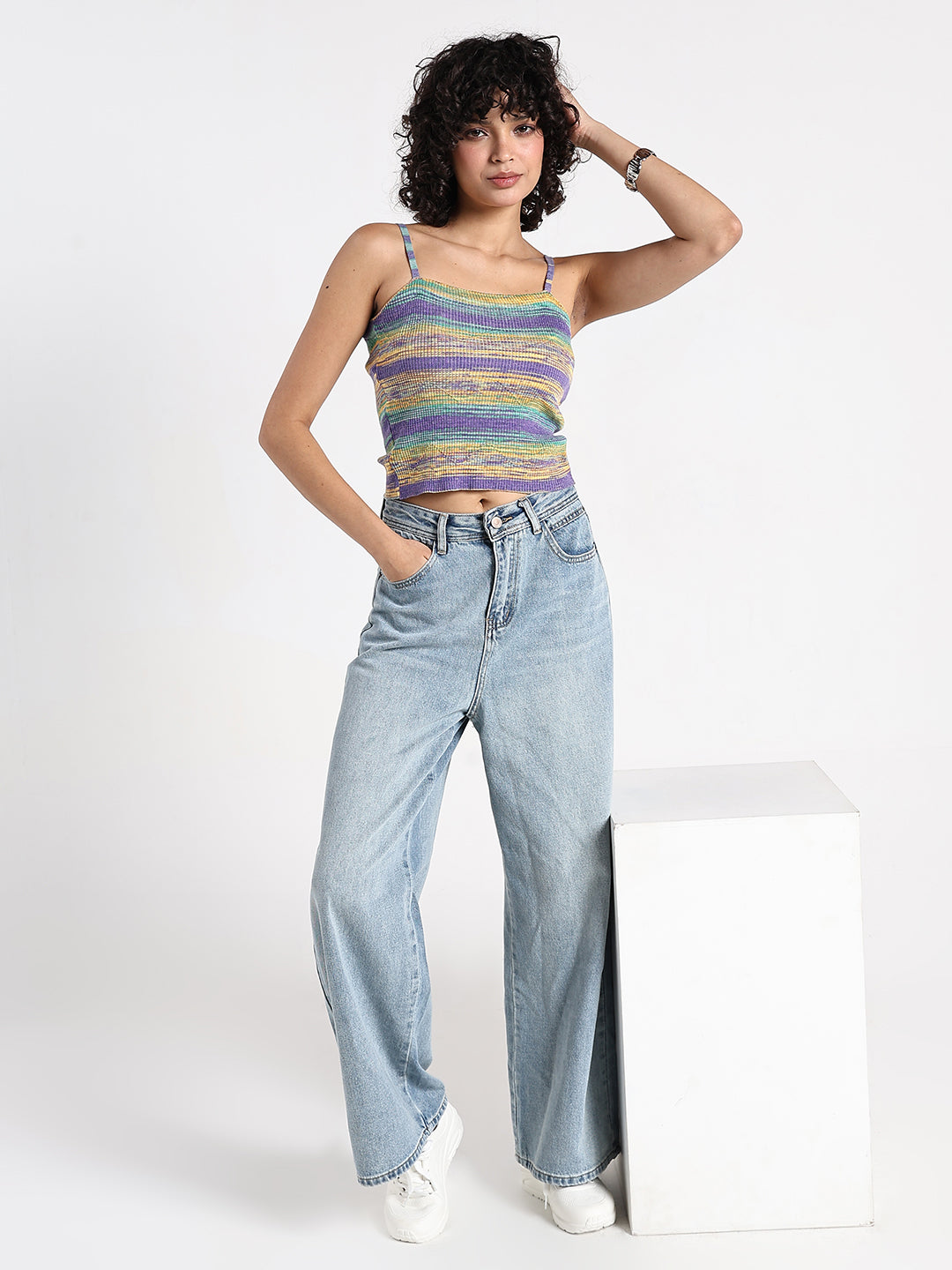 Women's Multicolour Striped Knit Spaghetti Strap Top