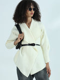 Women's Cream Textured Knit Wrap Cardigan Top with Belt