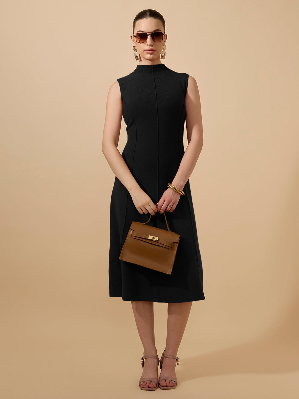 Women's Textured Black High Neck Sleeveless A-Line Midi Dress