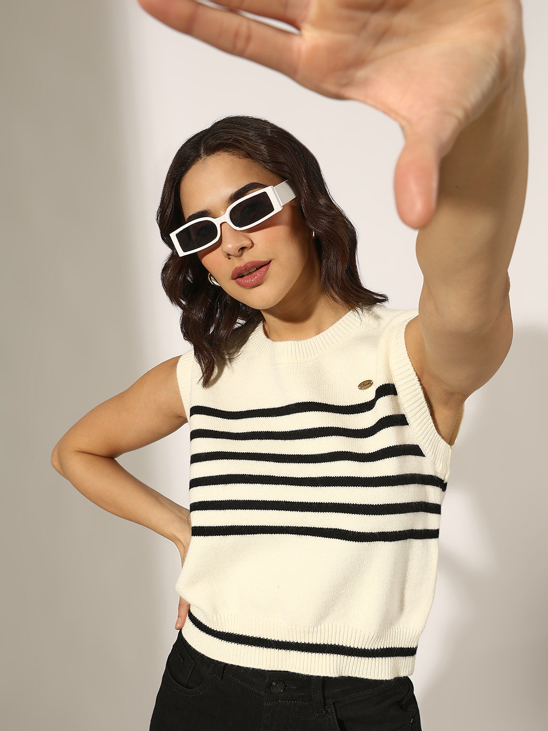 Women's Striped White and Black Sleeveless Knit Top