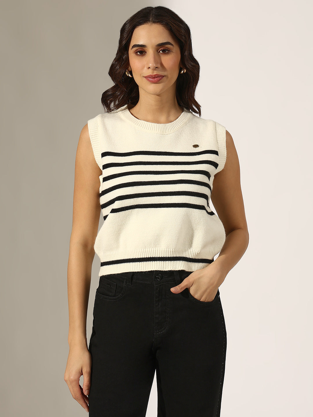 Women's Striped White and Black Sleeveless Knit Top