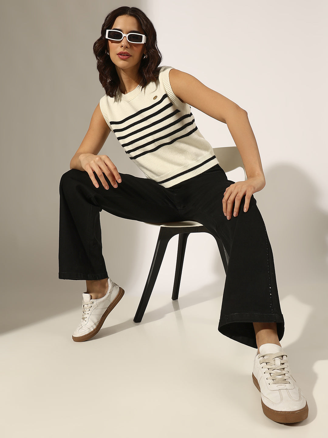 Women's Striped White and Black Sleeveless Knit Top