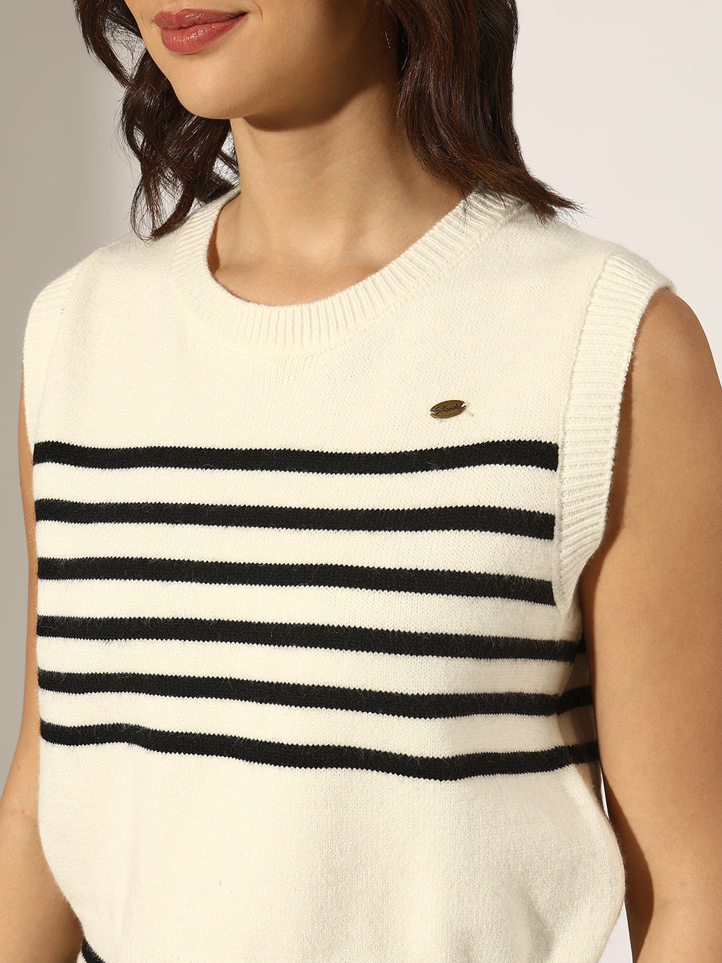 Women's Striped White and Black Sleeveless Knit Top