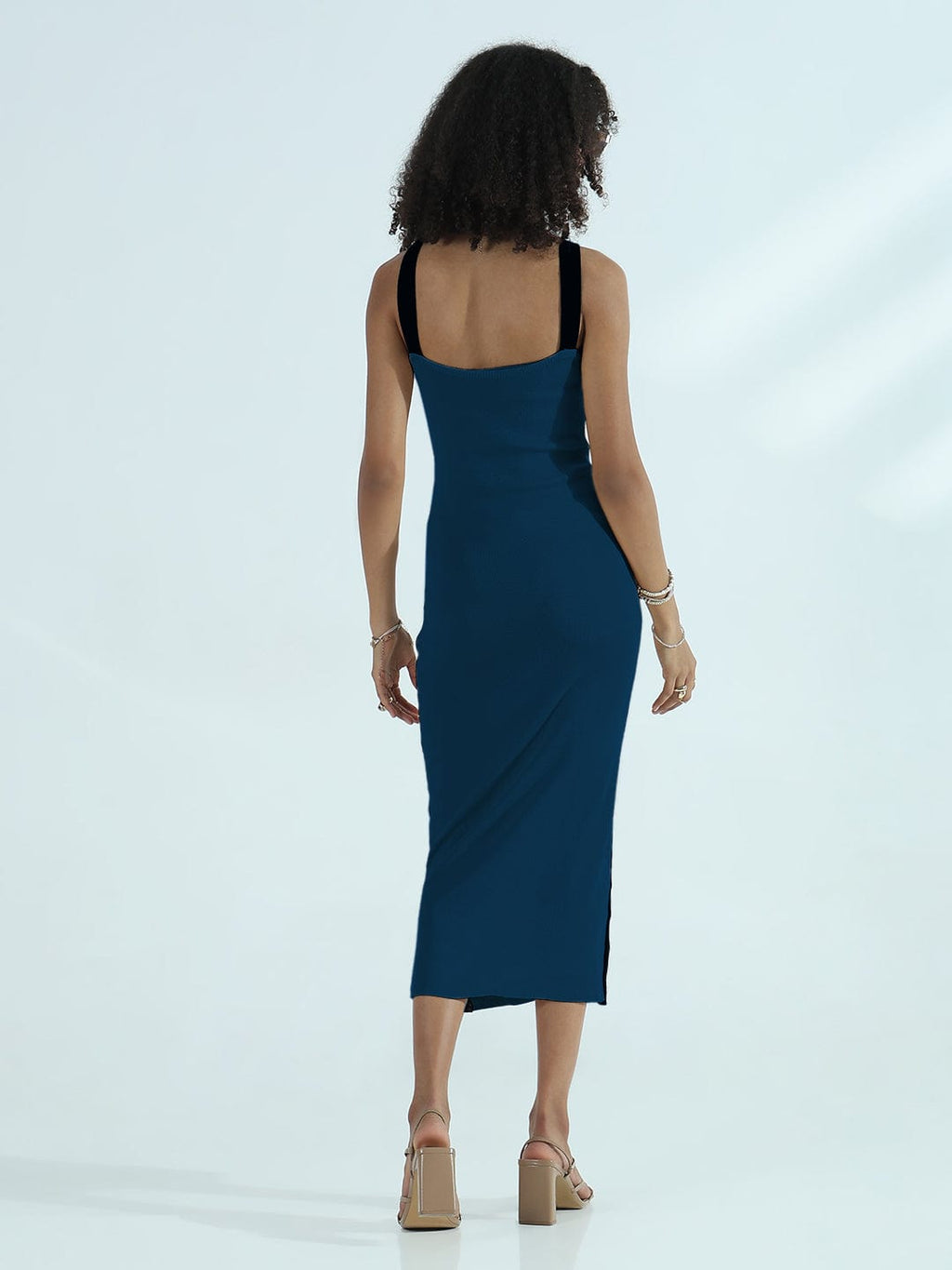 Women's Ribbed Teal Halter Neck Bodycon Dress with Black Stripes