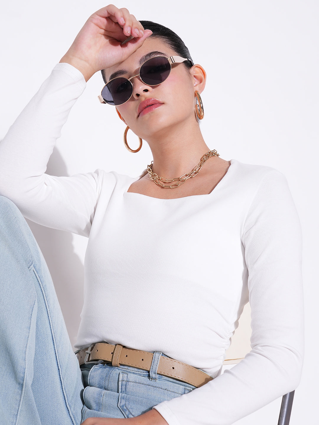 Women's Ruched White Square Neck Full Sleeves Top