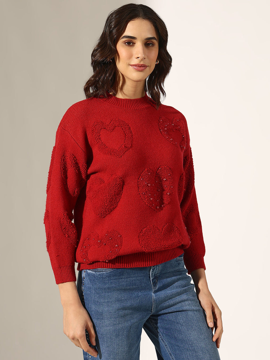 Women's Knitted Red Heart Embellished Pullover Top