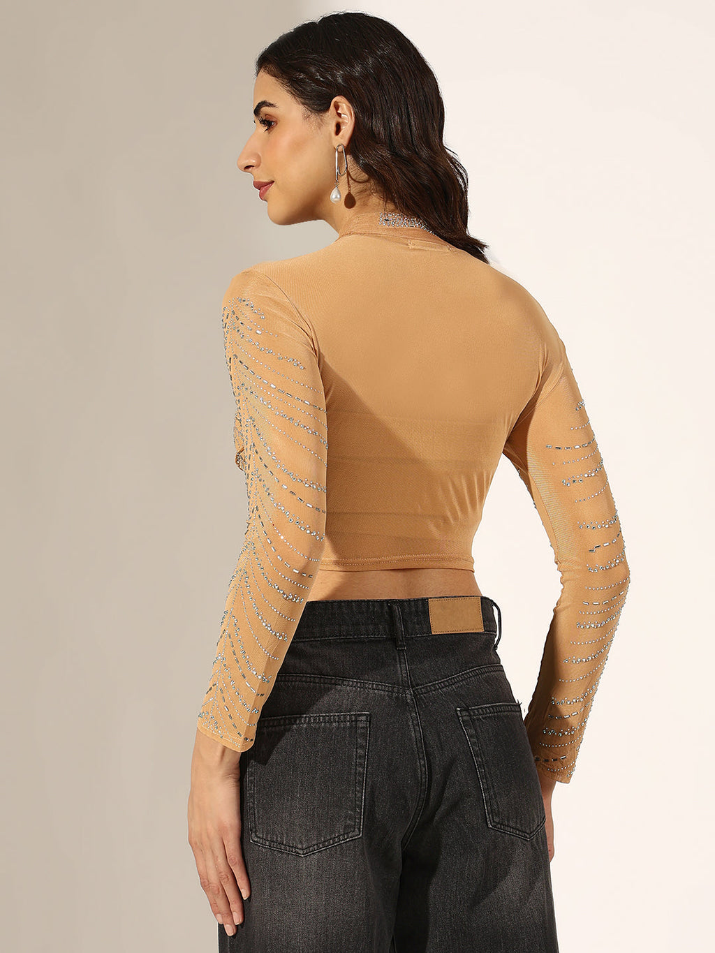 Women's Embellished Beige Mesh Crop Top