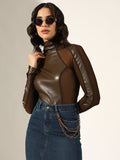 Women's Brown Faux Leather Sheer Panel Top