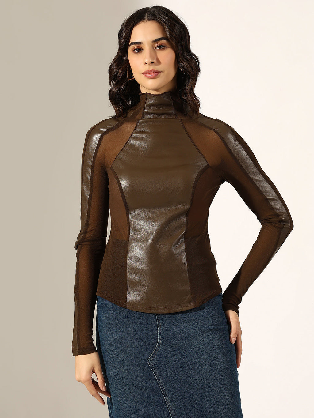 Women's Brown Faux Leather Sheer Panel Top