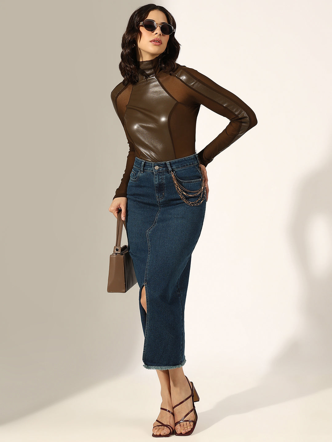 Women's Brown Faux Leather Sheer Panel Top