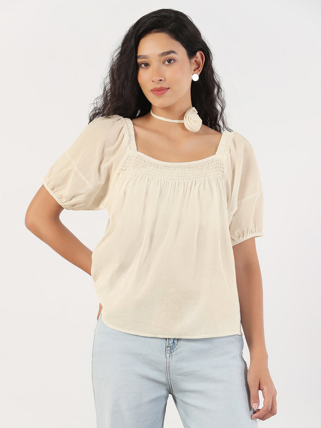 Women's Solid Cream Puff Sleeve Relaxed Fit Top
