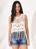 Women's Solid White Round Neck Fringe Crochet Crop Top
