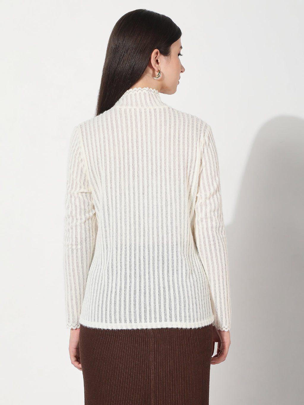 Women's Textured White High Neck Knitted Top