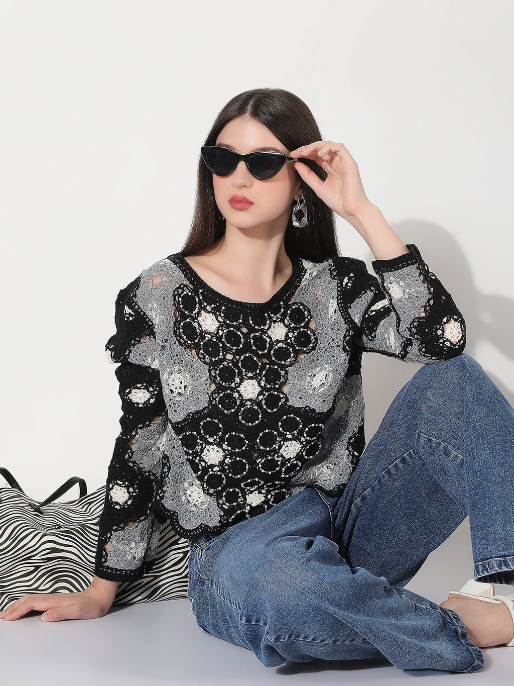 Women's Floral Black Crochet Top