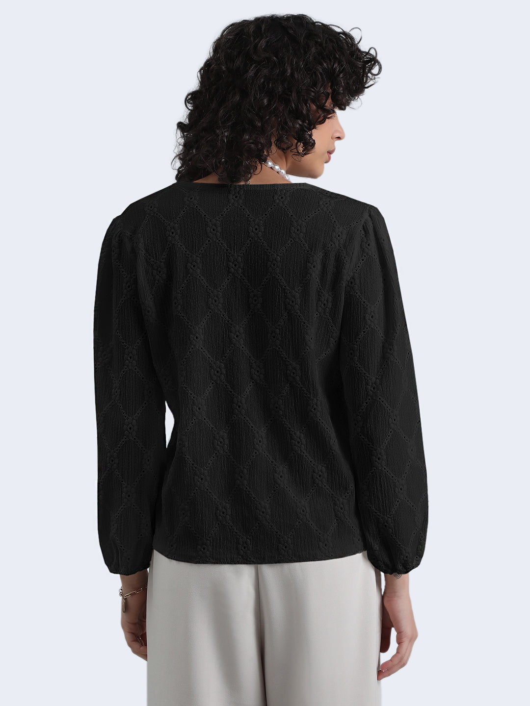 Women's Black Floral Textured V-Neck Top with Pearl Button