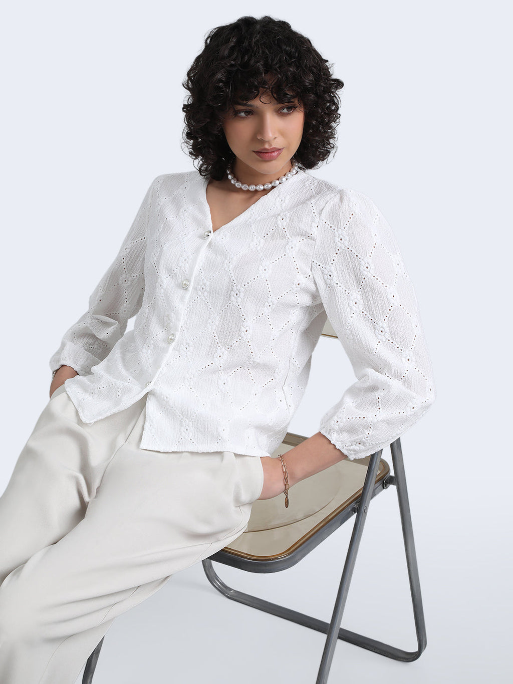Women's White Floral Textured V-Neck Top with Pearl Button
