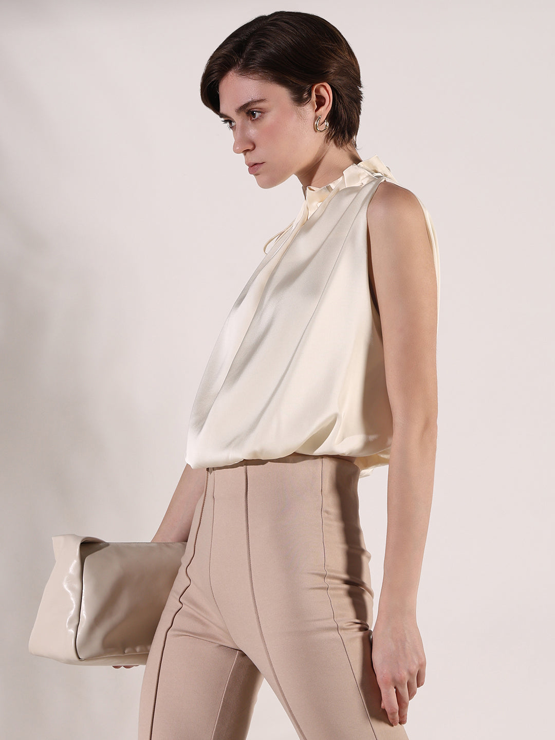 Women's Cream Satin Balloon Top with Neck Tie