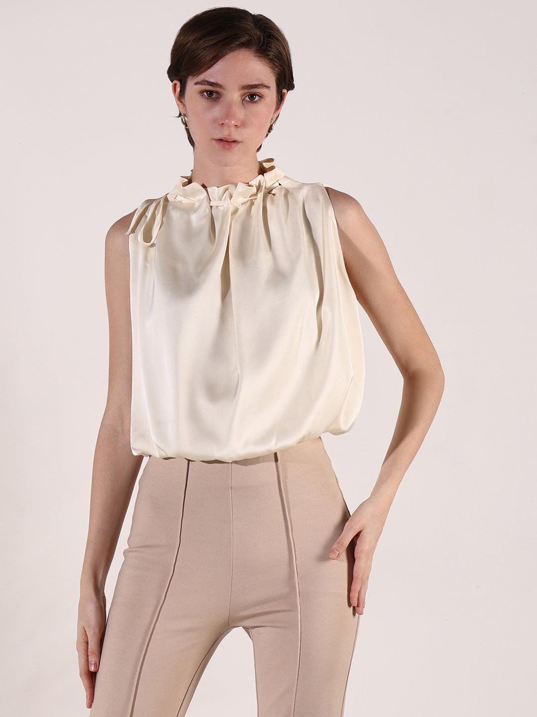 Women's Cream Satin Balloon Top with Neck Tie