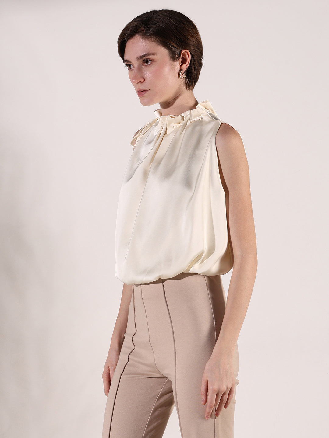 Women's Cream Satin Balloon Top with Neck Tie