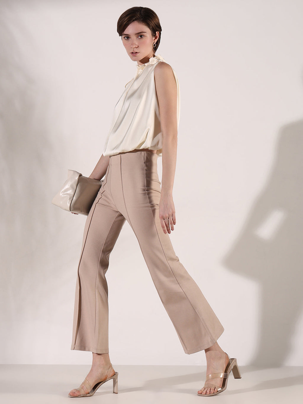 Women's Cream Satin Balloon Top with Neck Tie