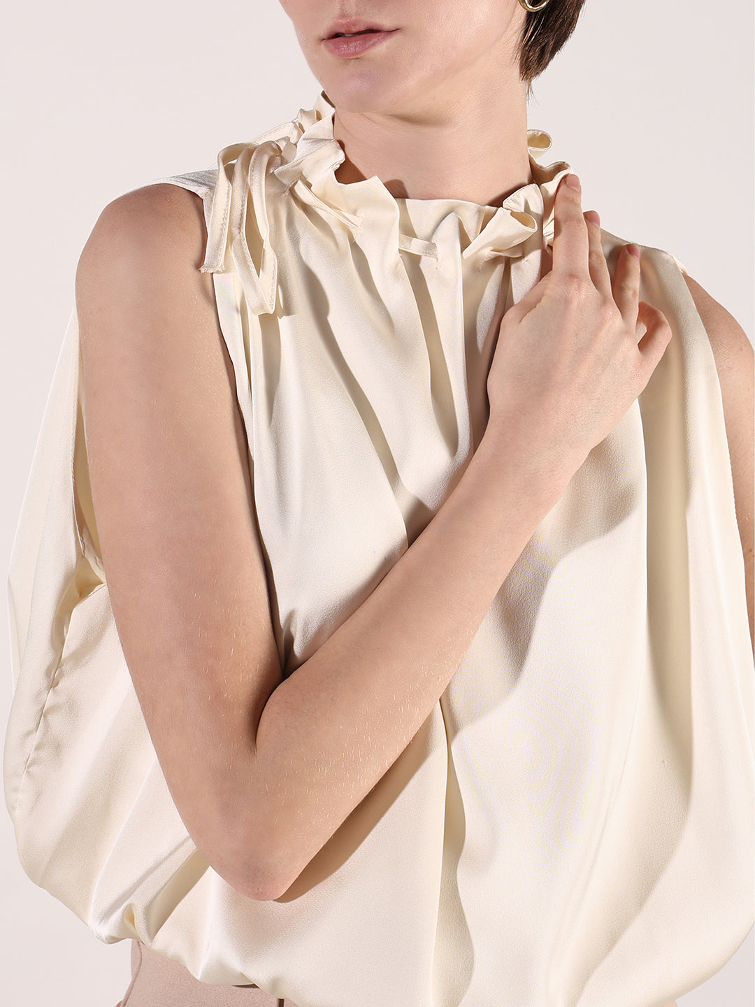 Women's Cream Satin Balloon Top with Neck Tie