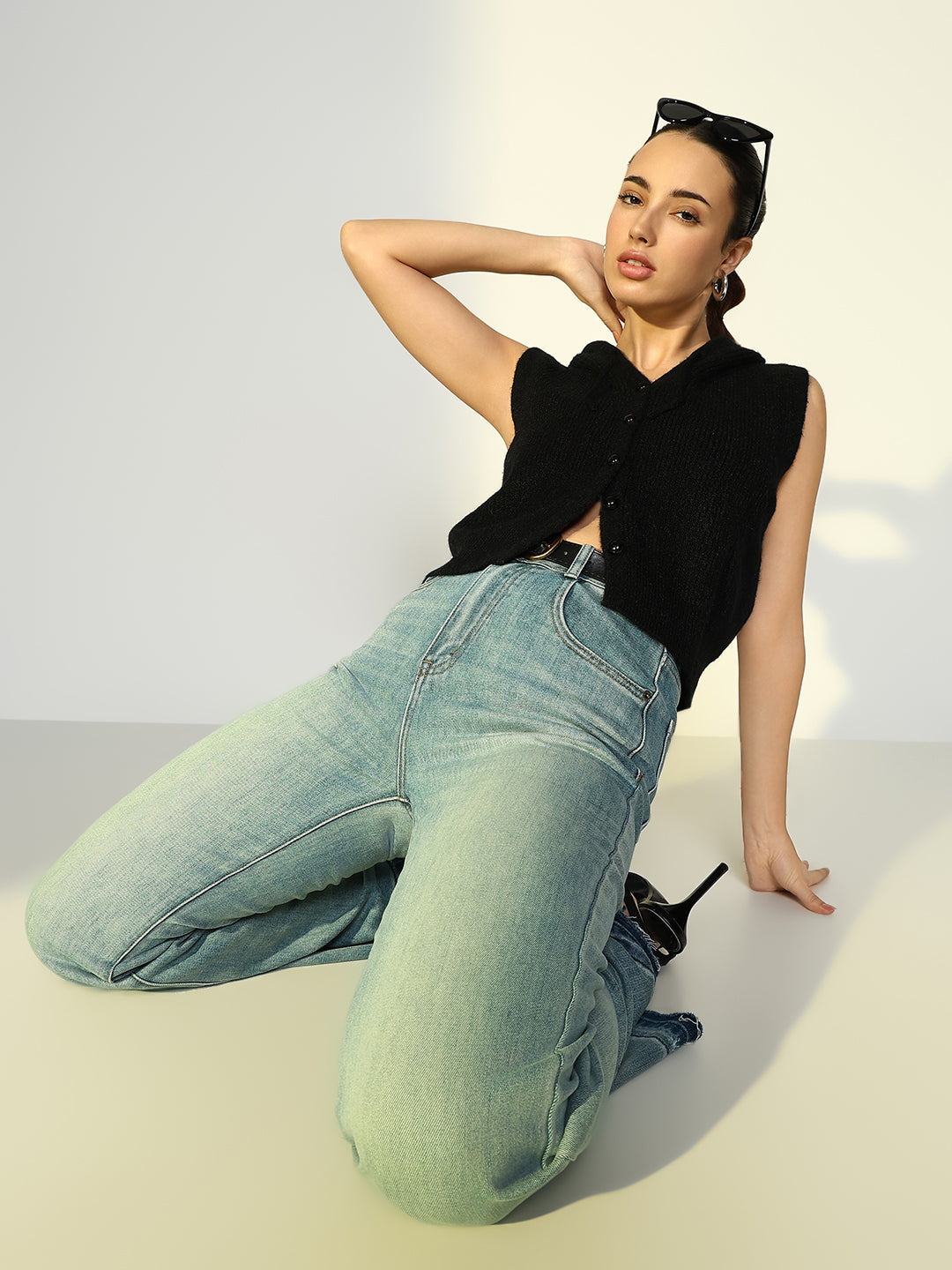 Women's Ribbed Black Hooded Short Top with Buttons